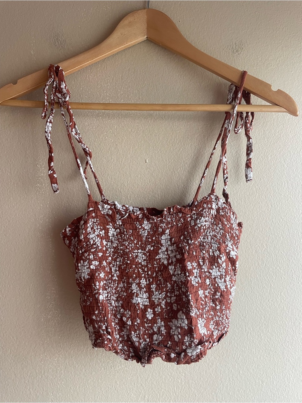 Abercrombie & Fitch Rust Floral Smocked Tie-Shoulder Crop Top Small